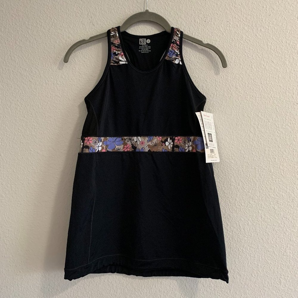 NWT De Sotto Femme Carrera Loose Fit Running Top Black with Floral Accent Size L